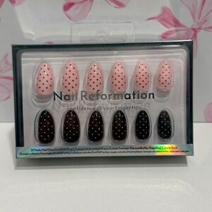 Nail Reformation 32 Press On Nails Kit Polka Dot Pink Brown Almond Shape NEW